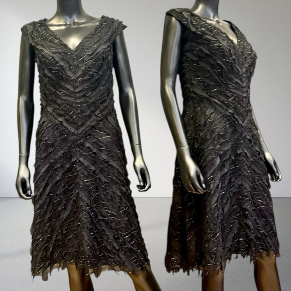 Tadashi Shoji Cocktail Dress Black Gold Tiered Fringe